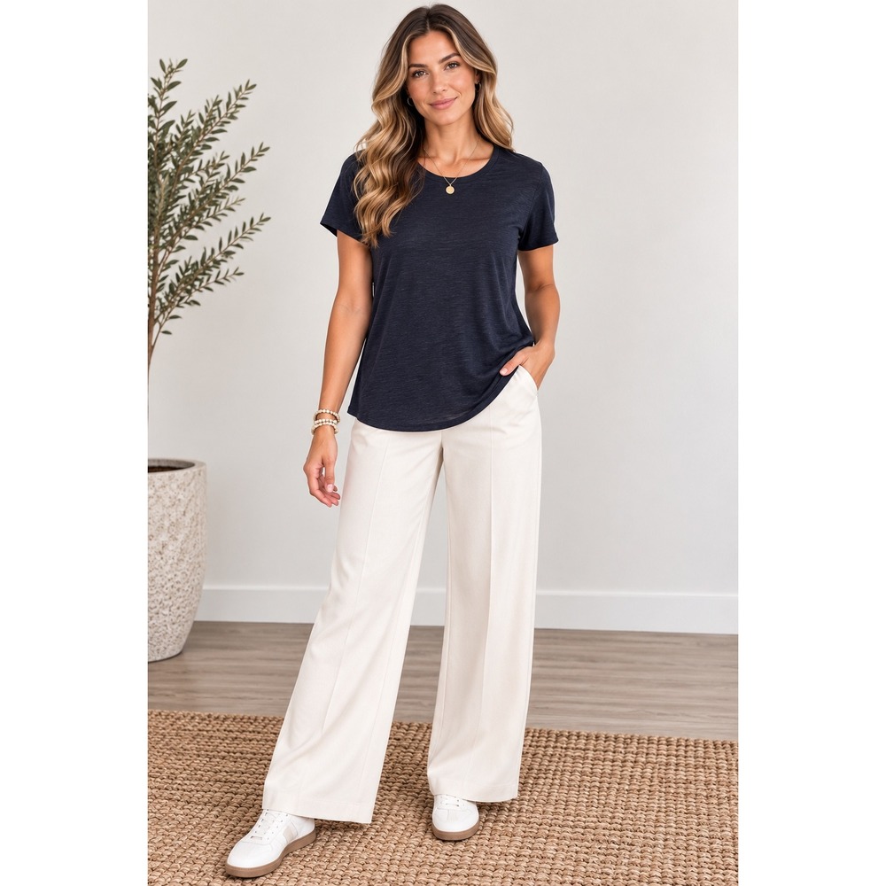 Eileen Fisher Womens M Navy 100% Organic Linen Short Sleeve Tee Relaxed Top